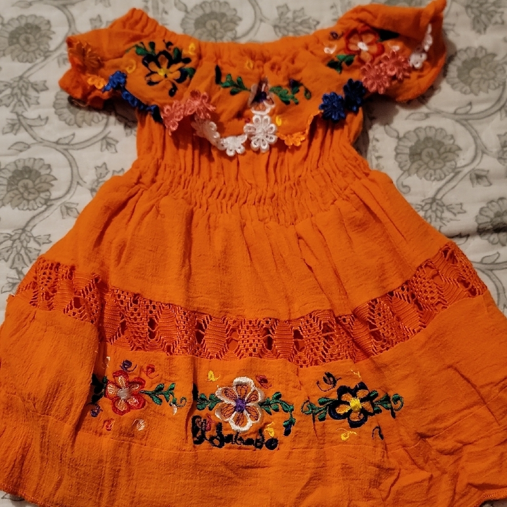 Orange Floral Embroidered Kids Dress